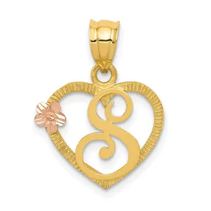14k Two Tone Gold Heart Flower Design Script Letter S Initial Charm Pendant