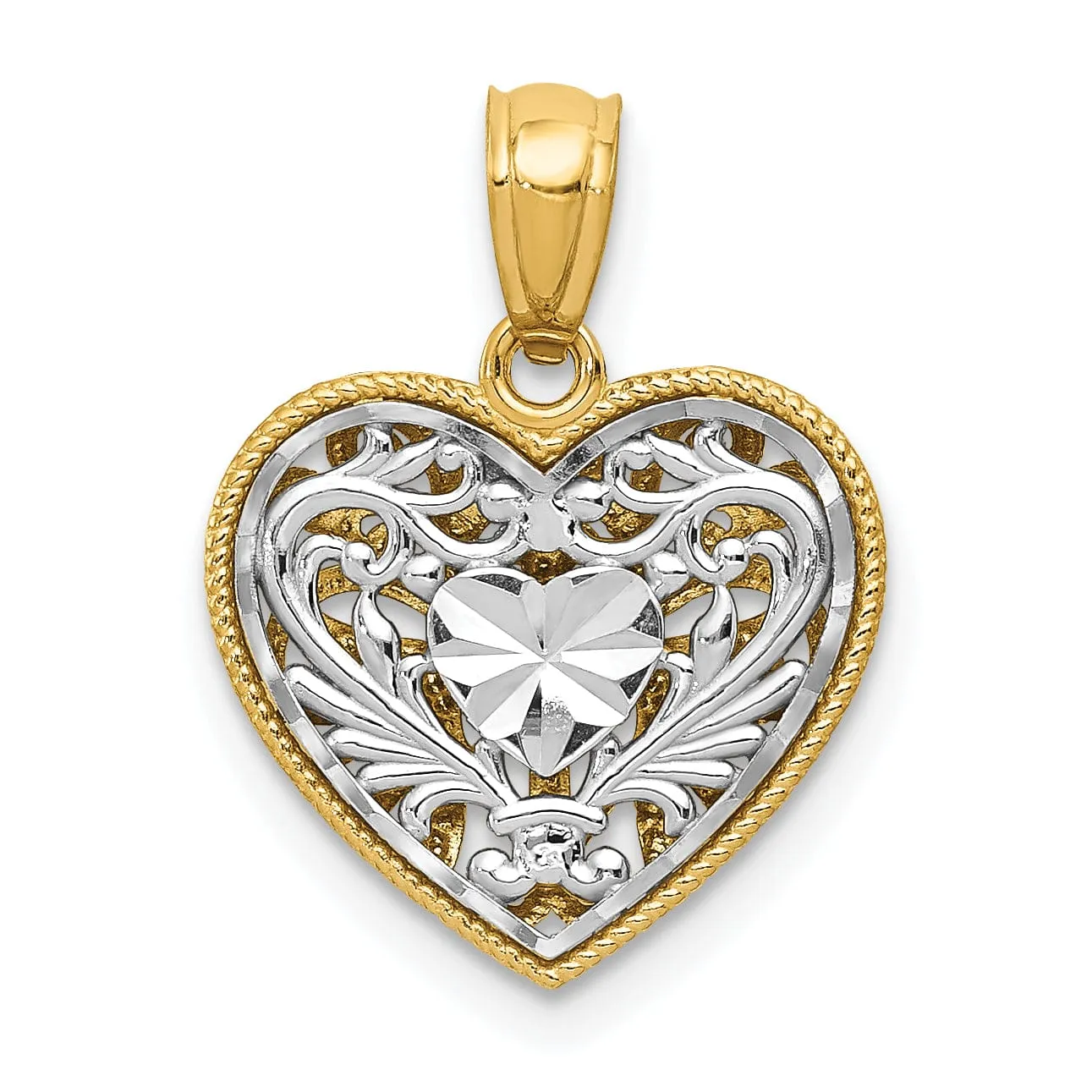 14K Two-Tone Gold Solid Polished Diamond Cut Finish Reversible Fancy Filigree Design Heart Shape Charm Pendant