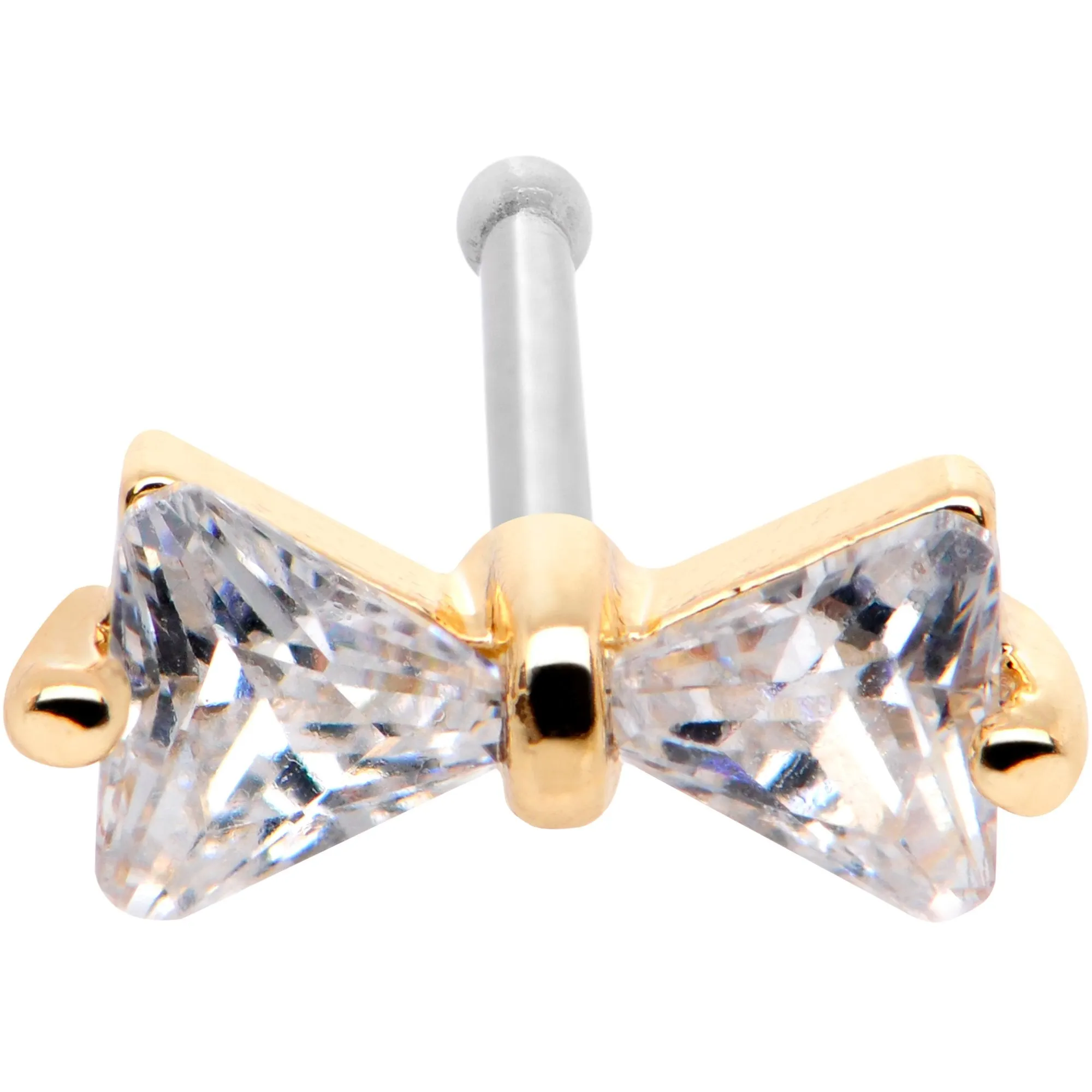 20 Gauge 1/4 Clear CZ Gem Gold Tone Bow Tie Formal Nose Bone