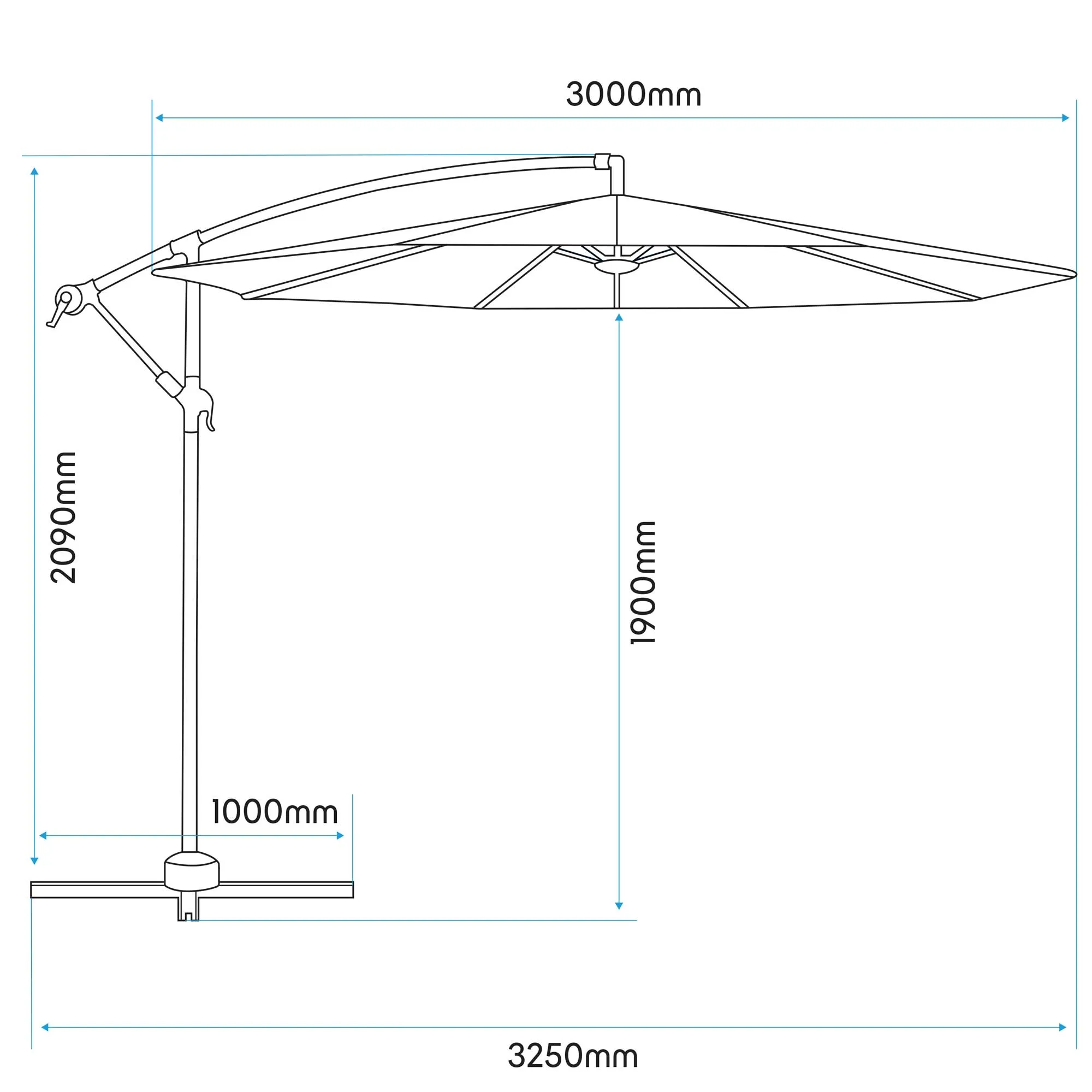 Ø3m Banana Parasol/Umbrella, Cover and Base Bundle, 8 Rib, Crank Handle, Cream Canopy - DG271