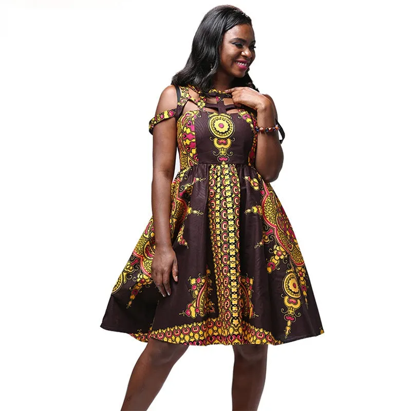 African Kitenge Wax Print Ankara Off Shoulder Sleeveless Knee Length Dress