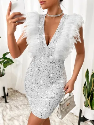 BAE Fuzzy Trim Sequin Zip Back Bodycon Dress