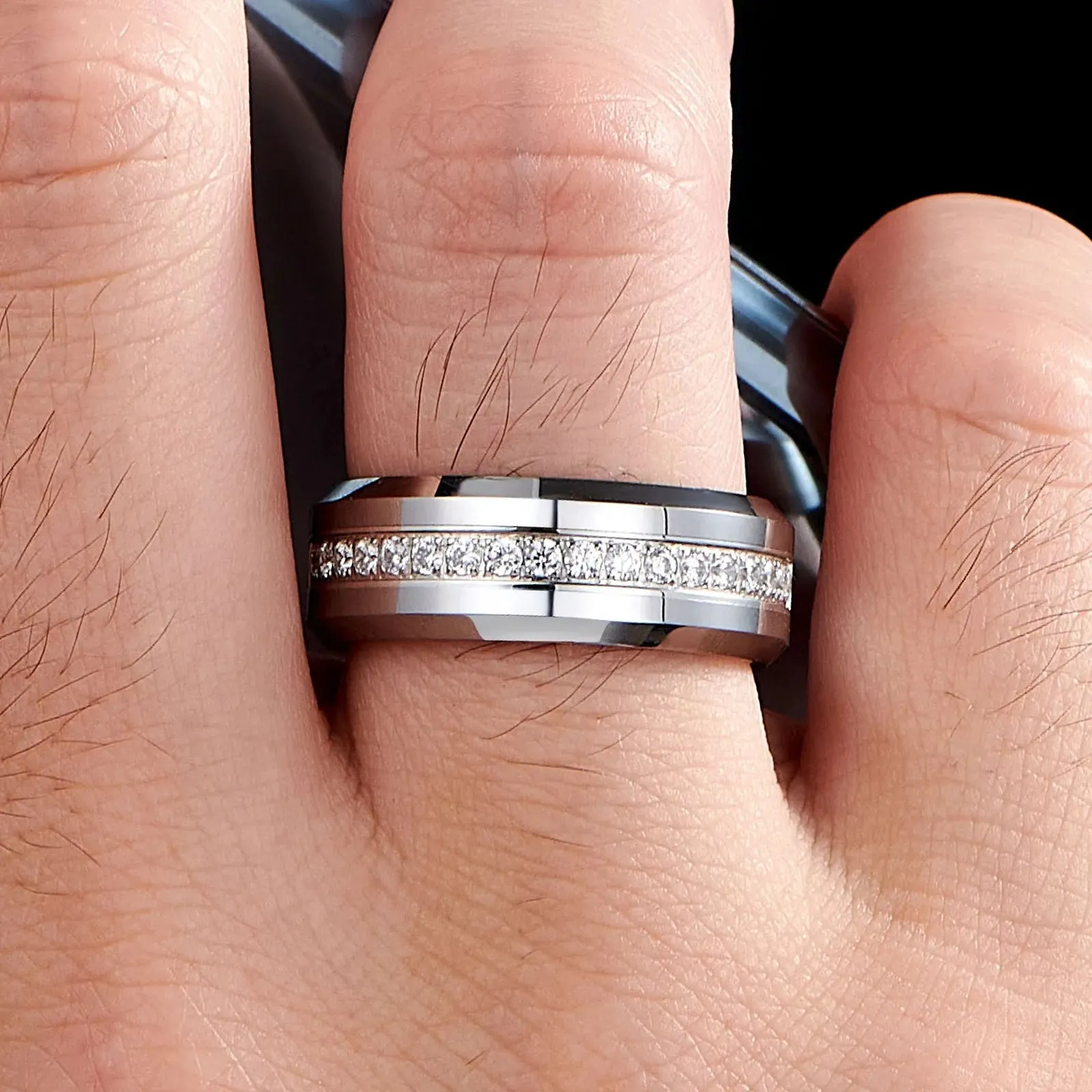 Beveled Edge Tungsten Half Eternity Diamond Wedding Band