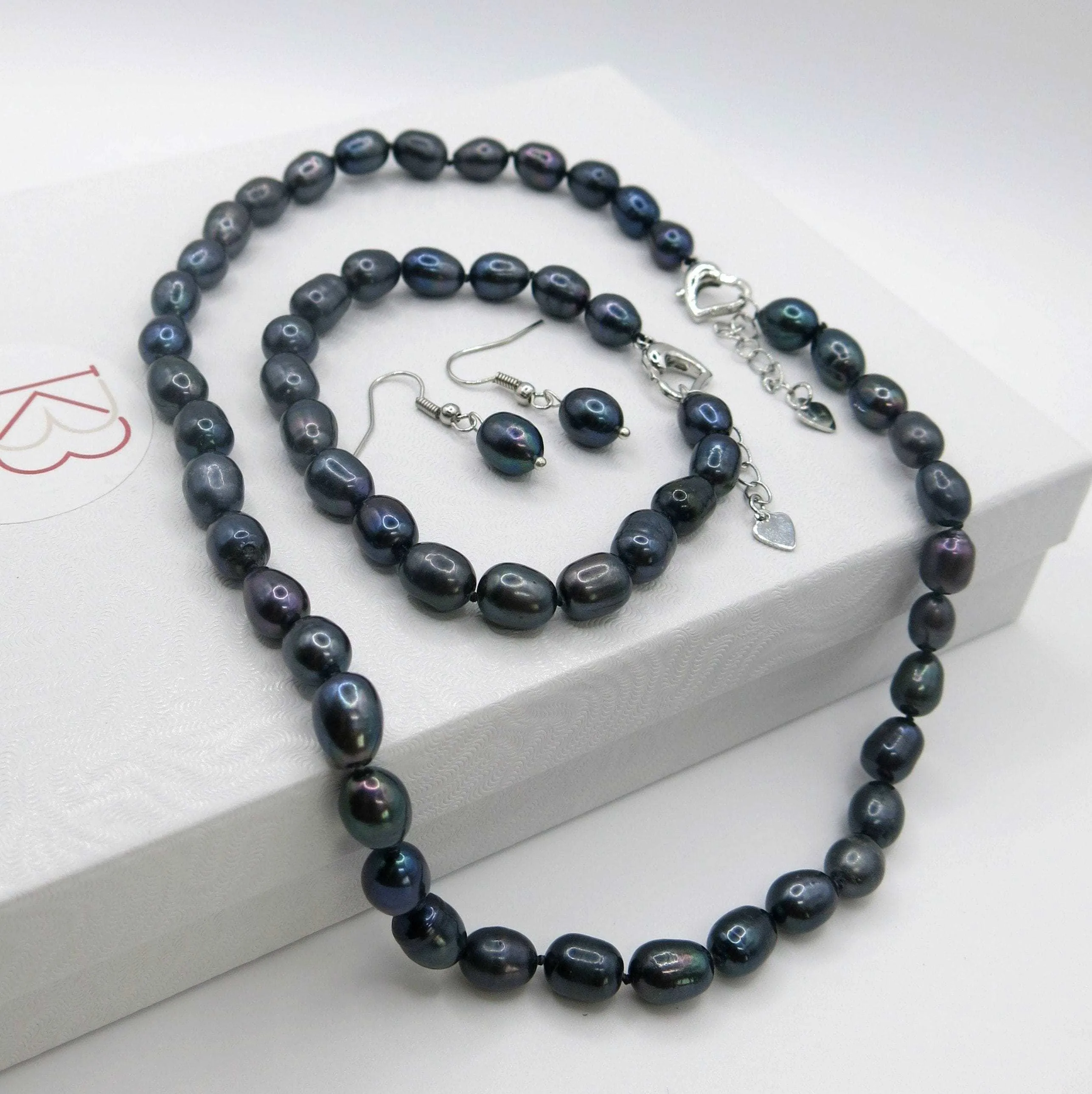 Black Genuine Freshwater Pearl 4 PC Necklace Set, Natural Pearl Jewelry Set, Bridesmaid Black Cultured Pearl Necklace, Bracelet Jewelry Set