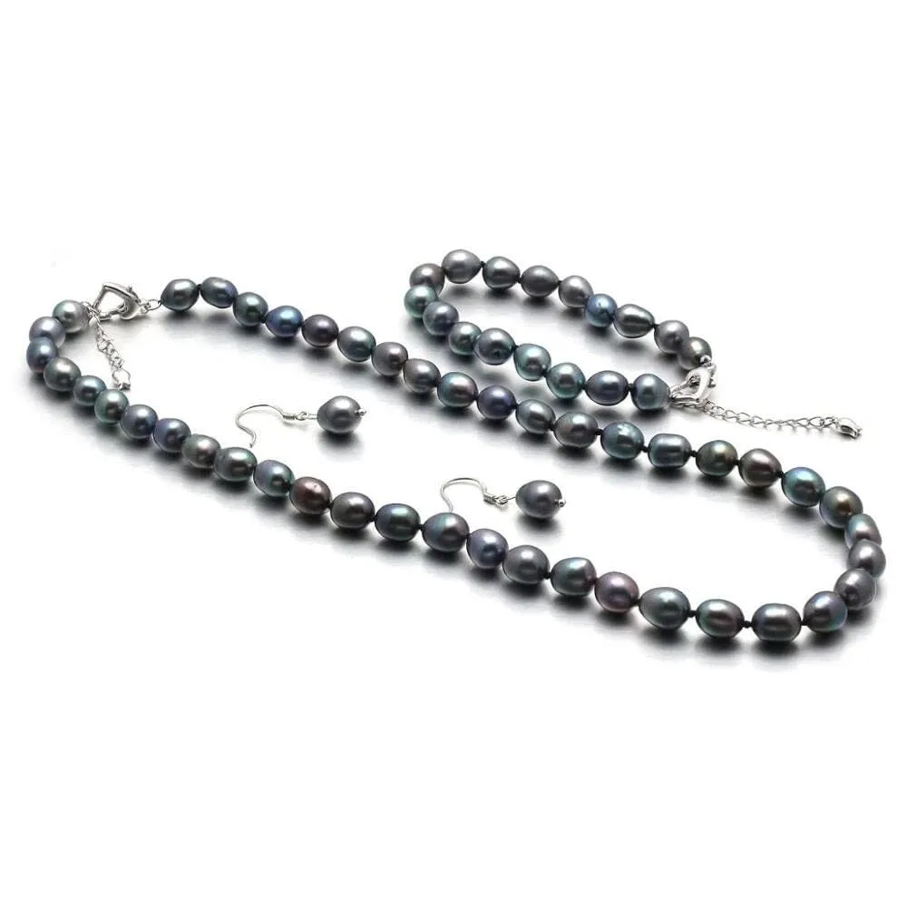 Black Genuine Freshwater Pearl 4 PC Necklace Set, Natural Pearl Jewelry Set, Bridesmaid Black Cultured Pearl Necklace, Bracelet Jewelry Set