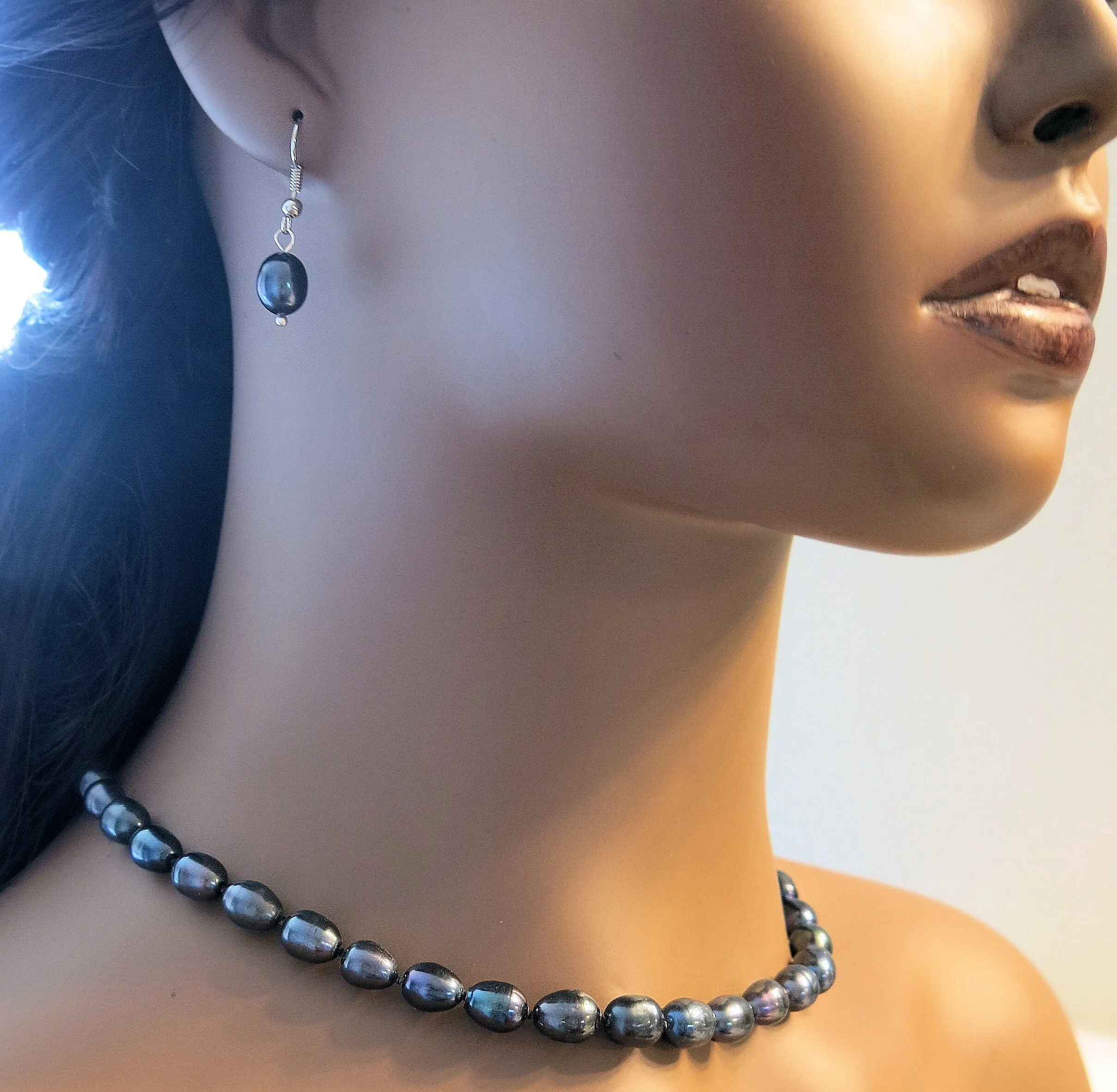 Black Genuine Freshwater Pearl 4 PC Necklace Set, Natural Pearl Jewelry Set, Bridesmaid Black Cultured Pearl Necklace, Bracelet Jewelry Set