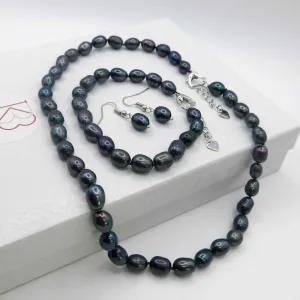 Black Genuine Freshwater Pearl 4 PC Necklace Set, Natural Pearl Jewelry Set, Bridesmaid Black Cultured Pearl Necklace, Bracelet Jewelry Set