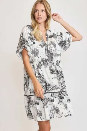 Black Two Tone Landscape Print Dress