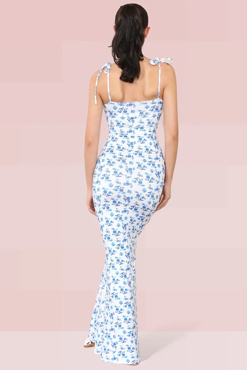 Blue Fresh Adjustable Straps Floral Print Tie-Up Slinky Maxi Dress