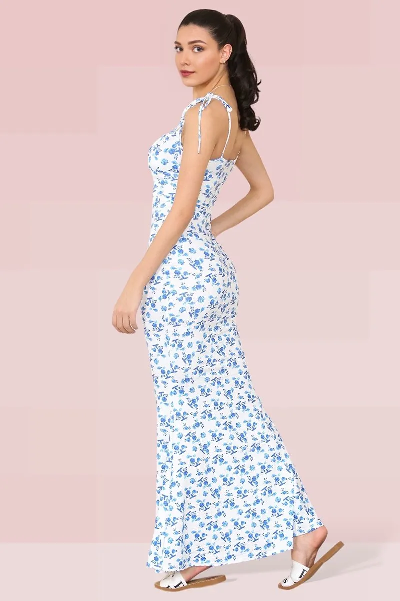 Blue Fresh Adjustable Straps Floral Print Tie-Up Slinky Maxi Dress