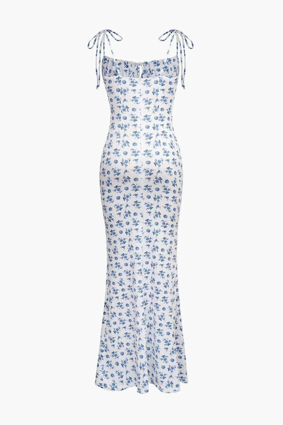 Blue Fresh Adjustable Straps Floral Print Tie-Up Slinky Maxi Dress
