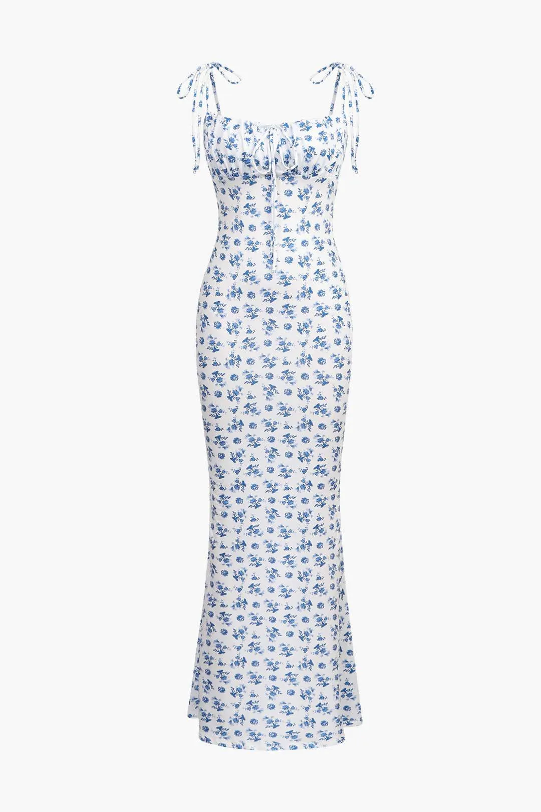 Blue Fresh Adjustable Straps Floral Print Tie-Up Slinky Maxi Dress