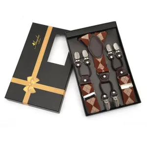 Brown Checkers Strap Dual Clip On Elastic suspenders for Men - Adjustable Y Straps For Work Pants