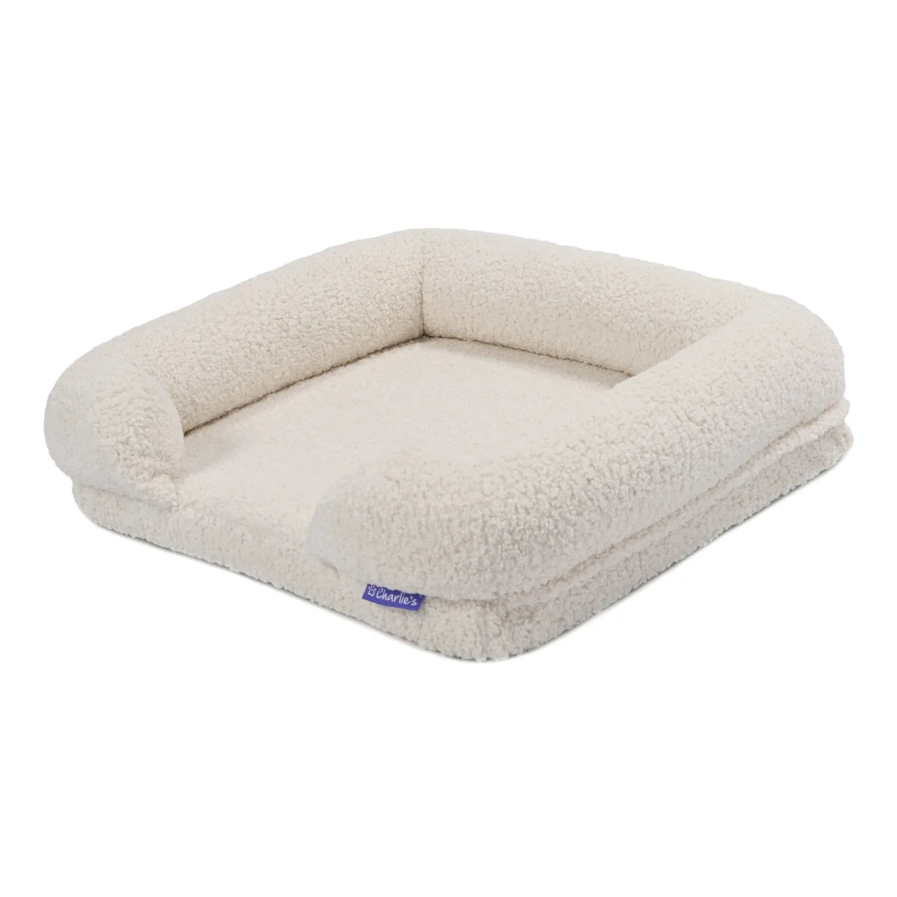 Charlie's Teddy Fleece Orthopedic Memory Foam Sofa Dog Bed with Bolster Cream Small