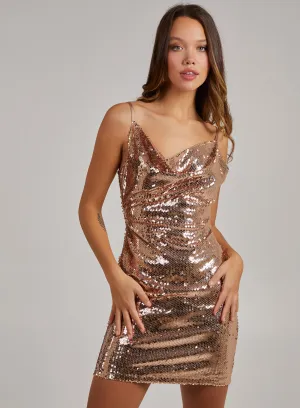 Cowl Neck Sequin Mini Dress