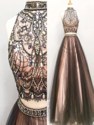 Custom Made High Neck 2 Pieces Brown Prom Dresses, 2 Pieces Formal Dresses