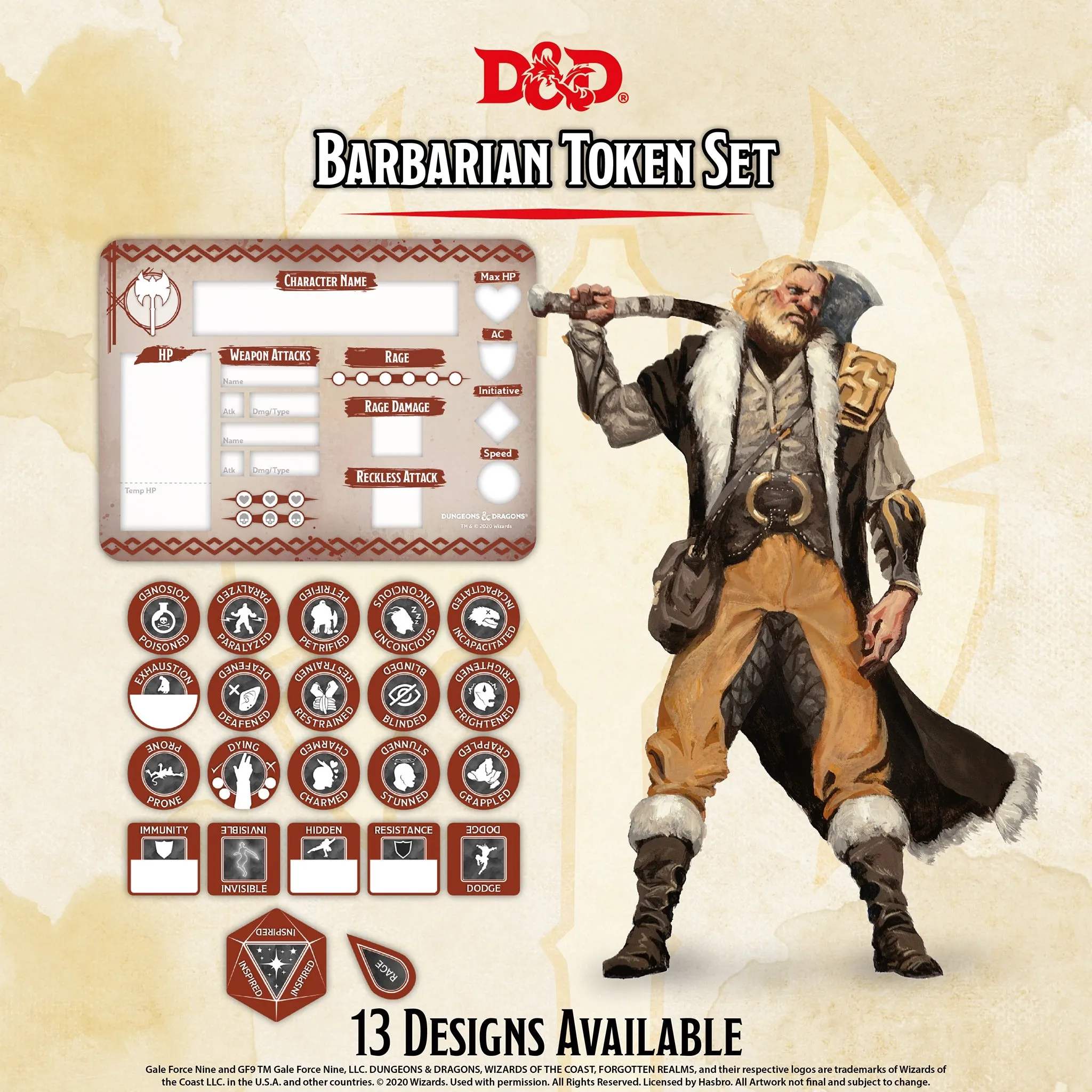 D&D RPG: Barbarian Token Set ( Player Board & 22 Tokens)