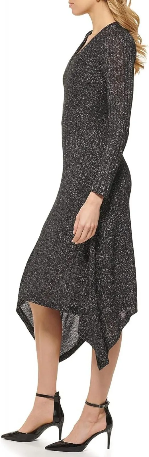 DKNY Womens Long Sleeve V-Neck Ribbed Dress P2IDSOLM Black / Silver S