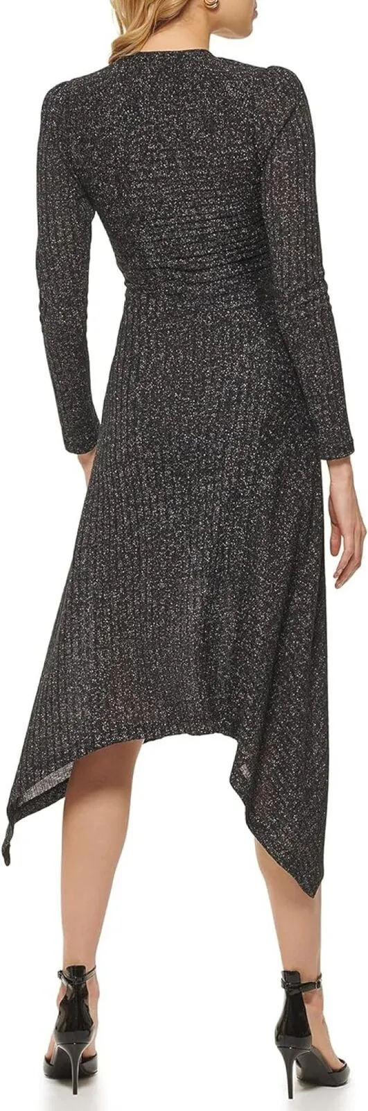 DKNY Womens Long Sleeve V-Neck Ribbed Dress P2IDSOLM Black / Silver S