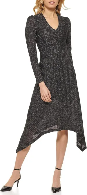 DKNY Womens Long Sleeve V-Neck Ribbed Dress P2IDSOLM Black / Silver S