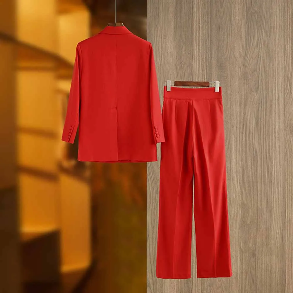Double Breasted Red Pantsuit Blazer   Wide Leg Trousers Suit Formal Wear