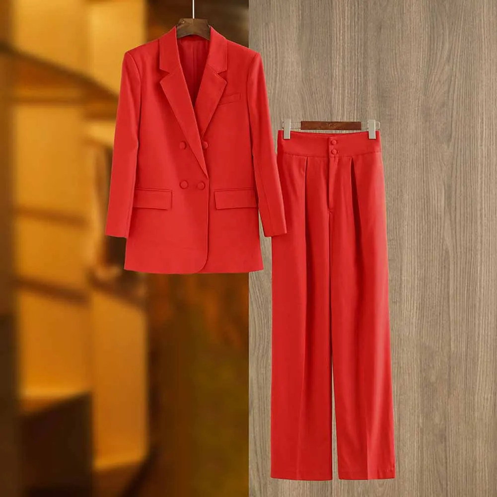 Double Breasted Red Pantsuit Blazer   Wide Leg Trousers Suit Formal Wear