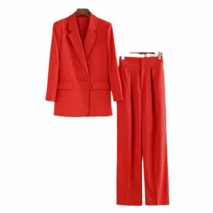 Double Breasted Red Pantsuit Blazer   Wide Leg Trousers Suit Formal Wear