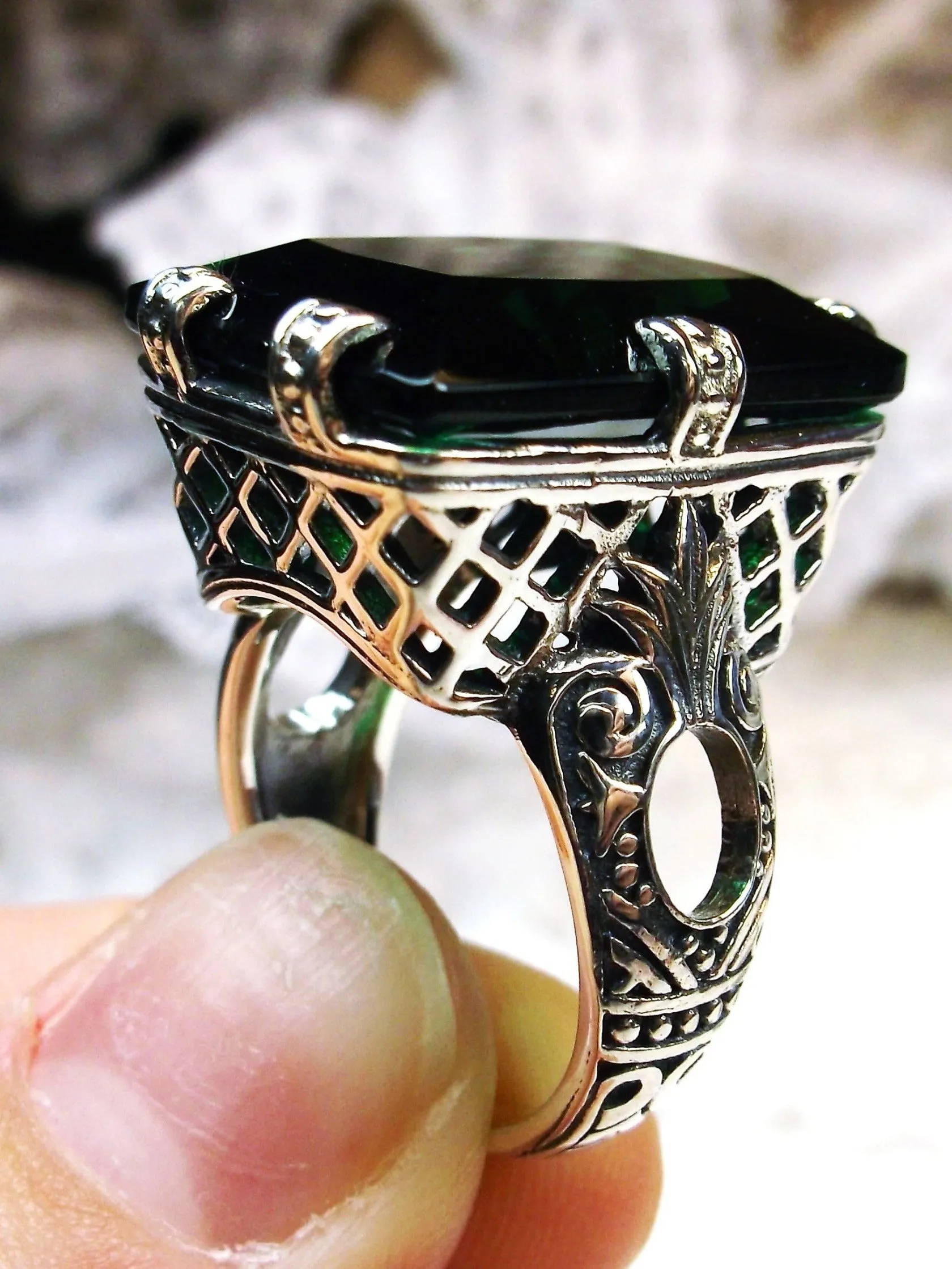 Emerald Ring, 6 Prong Ring, 30ct Art Deco Ring, Vintage Jewelry #D104