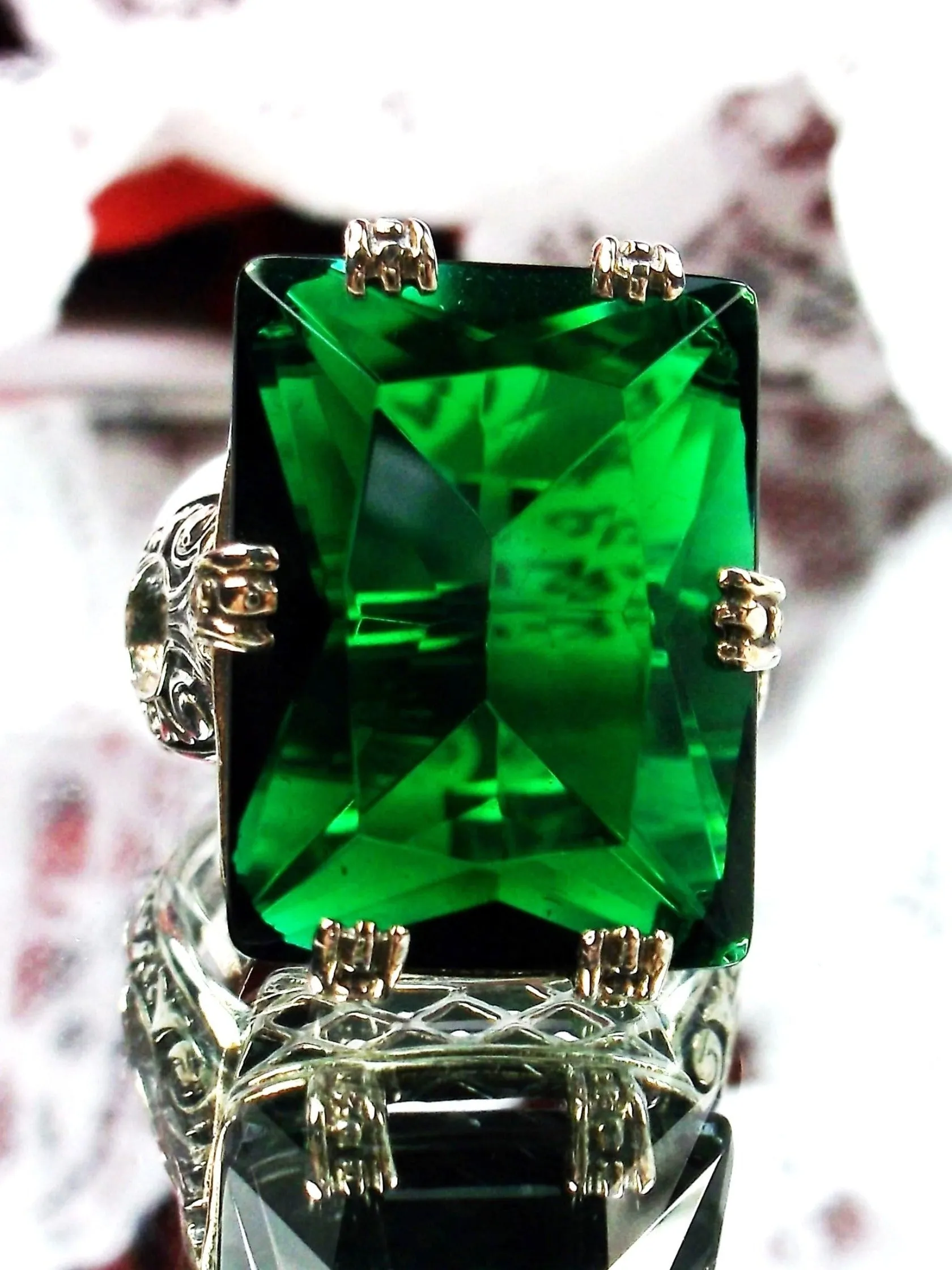 Emerald Ring, 6 Prong Ring, 30ct Art Deco Ring, Vintage Jewelry #D104