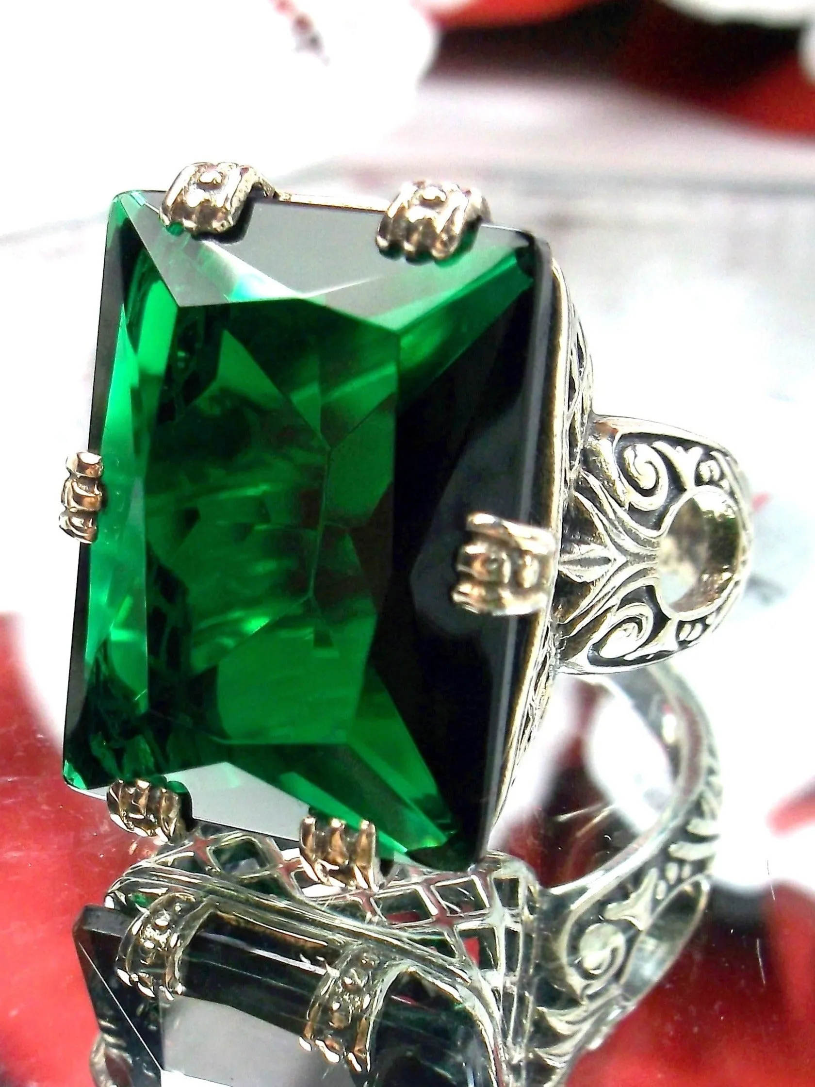 Emerald Ring, 6 Prong Ring, 30ct Art Deco Ring, Vintage Jewelry #D104
