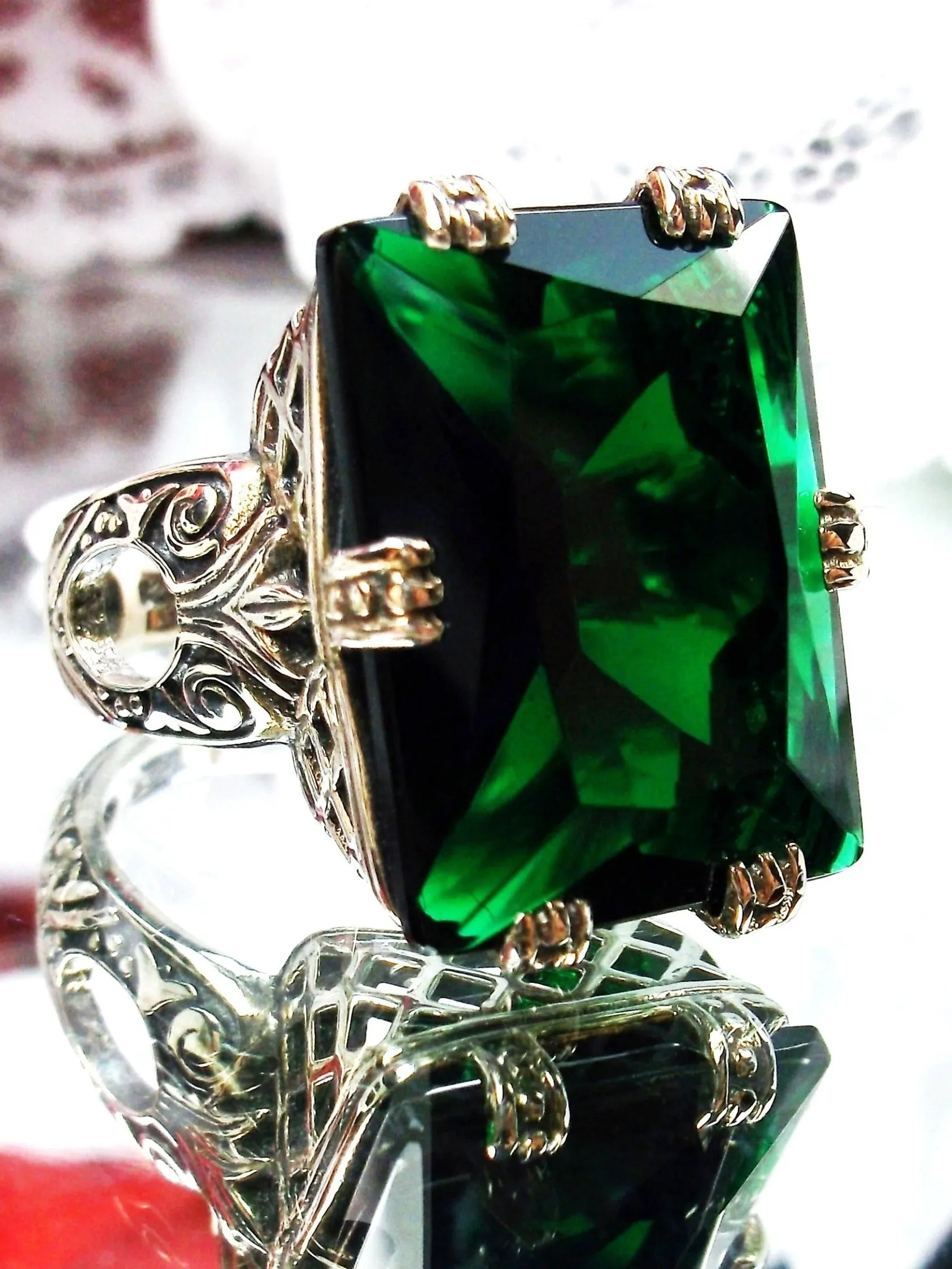 Emerald Ring, 6 Prong Ring, 30ct Art Deco Ring, Vintage Jewelry #D104