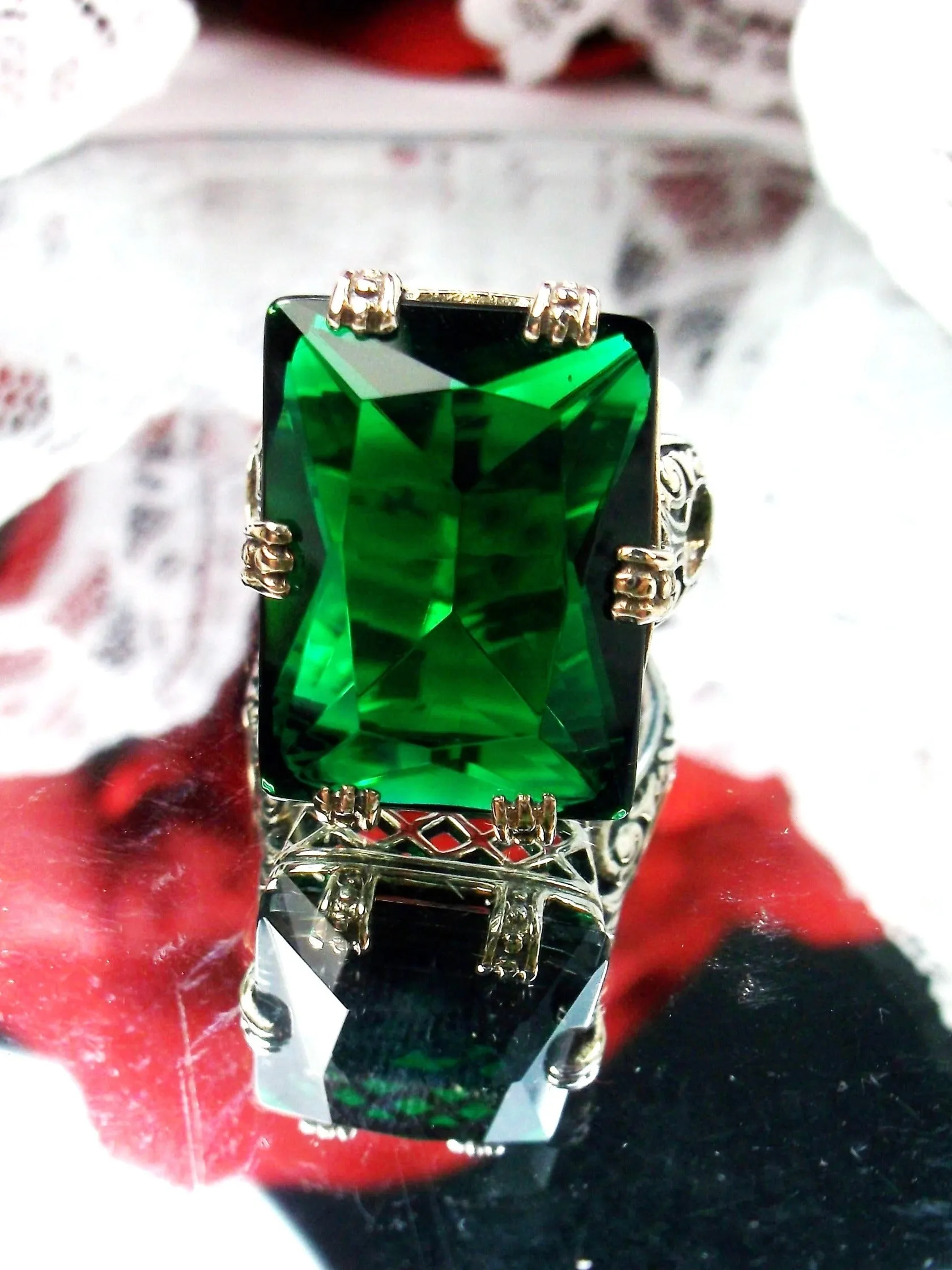 Emerald Ring, 6 Prong Ring, 30ct Art Deco Ring, Vintage Jewelry #D104