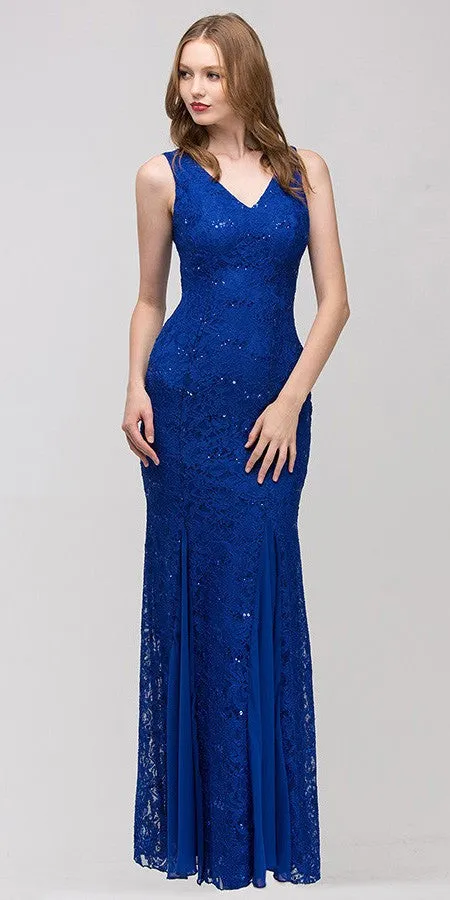 Eureka 2030 V-Neck Sleeveless Floor Length Lace Mermaid Gown