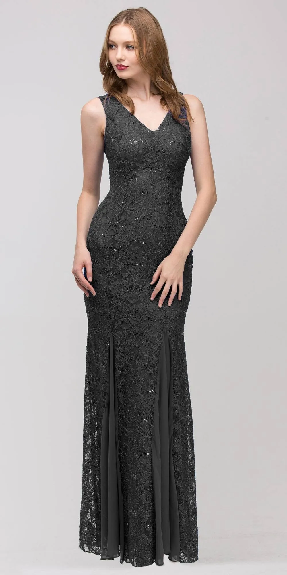 Eureka 2030 V-Neck Sleeveless Floor Length Lace Mermaid Gown