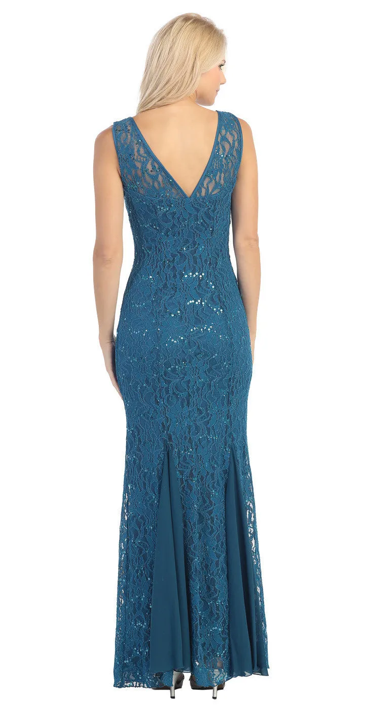 Eureka 2030 V-Neck Sleeveless Floor Length Lace Mermaid Gown