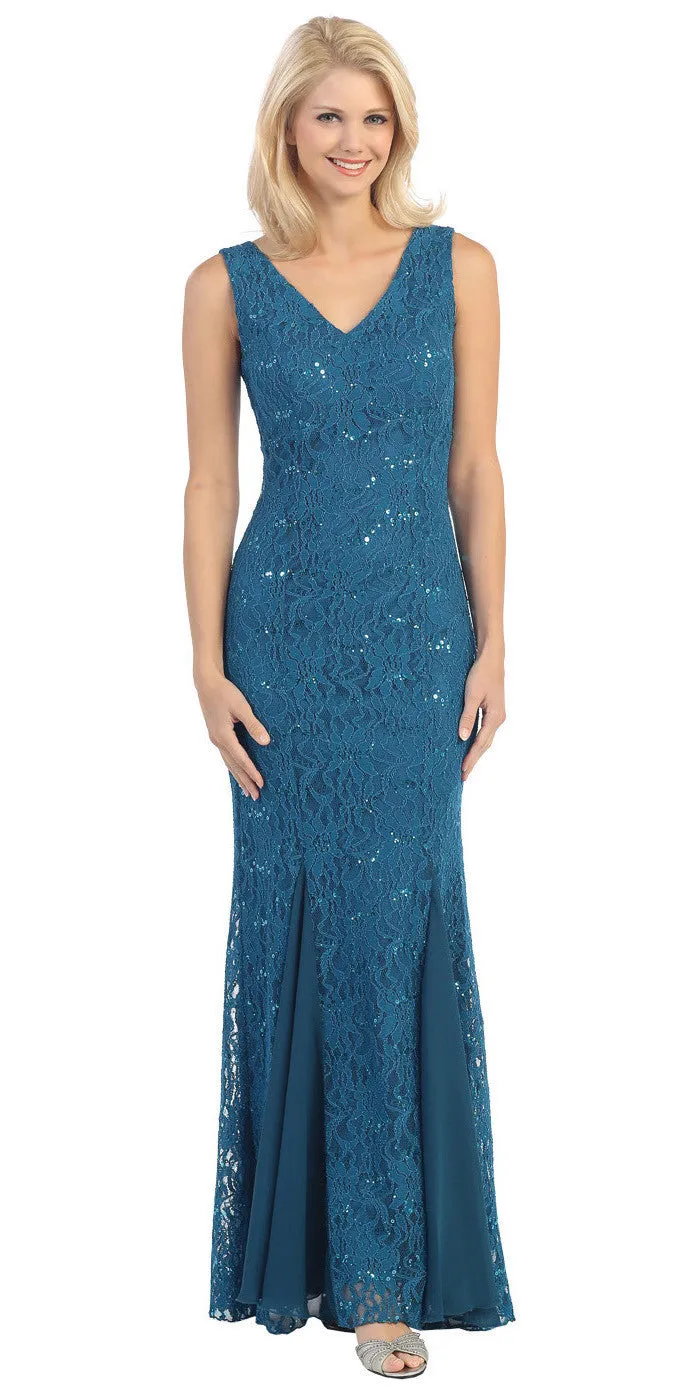 Eureka 2030 V-Neck Sleeveless Floor Length Lace Mermaid Gown