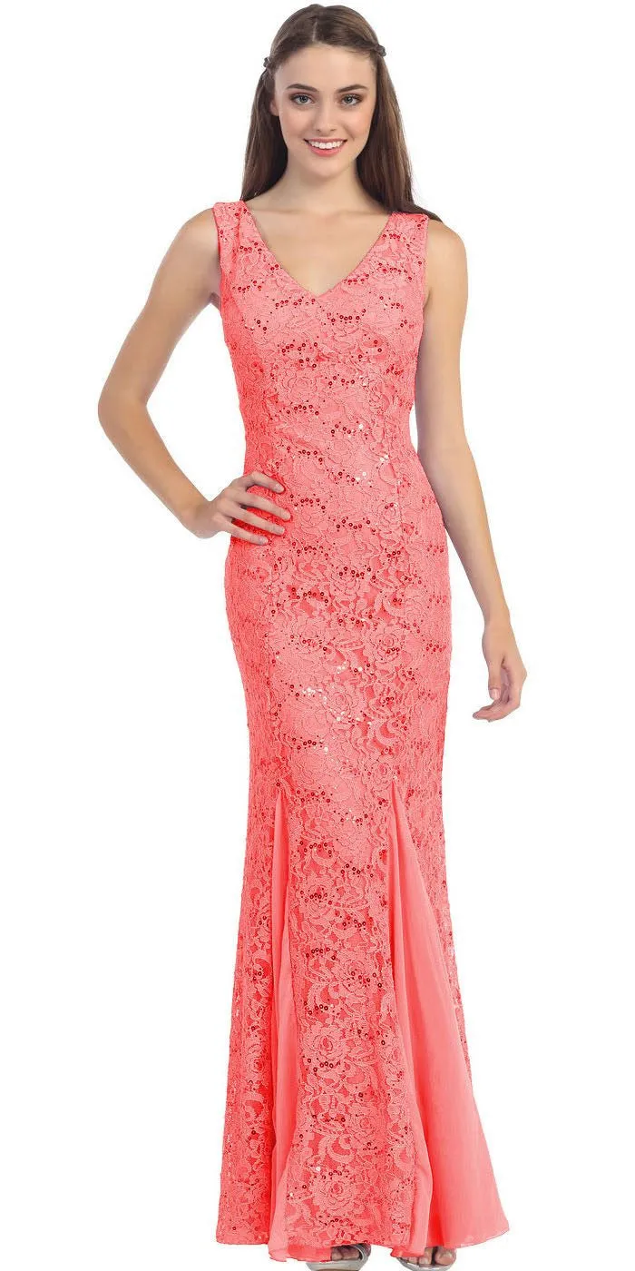 Eureka 2030 V-Neck Sleeveless Floor Length Lace Mermaid Gown