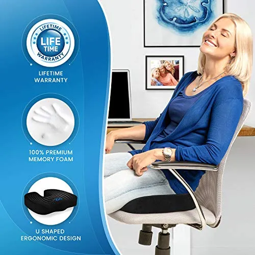 Everlasting Comfort Seat Cushion for Office Chair - Tailbone Pain Relief Cushion - Coccyx Cushion - Sciatica Pillow for Sitting (Black)