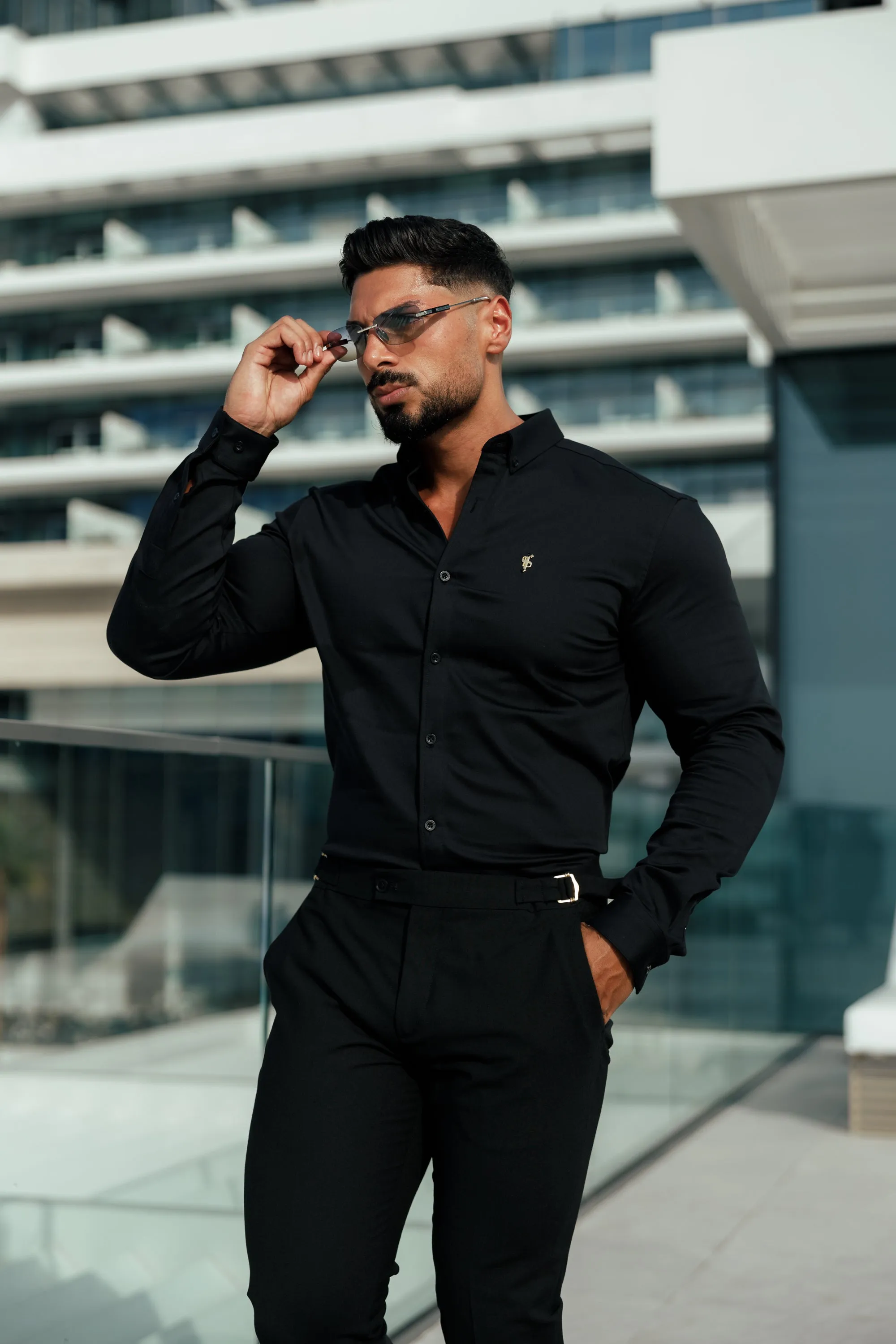 Father Sons Slim Formal Black Stretch Trousers With Gold Waist Adjusters - FST018