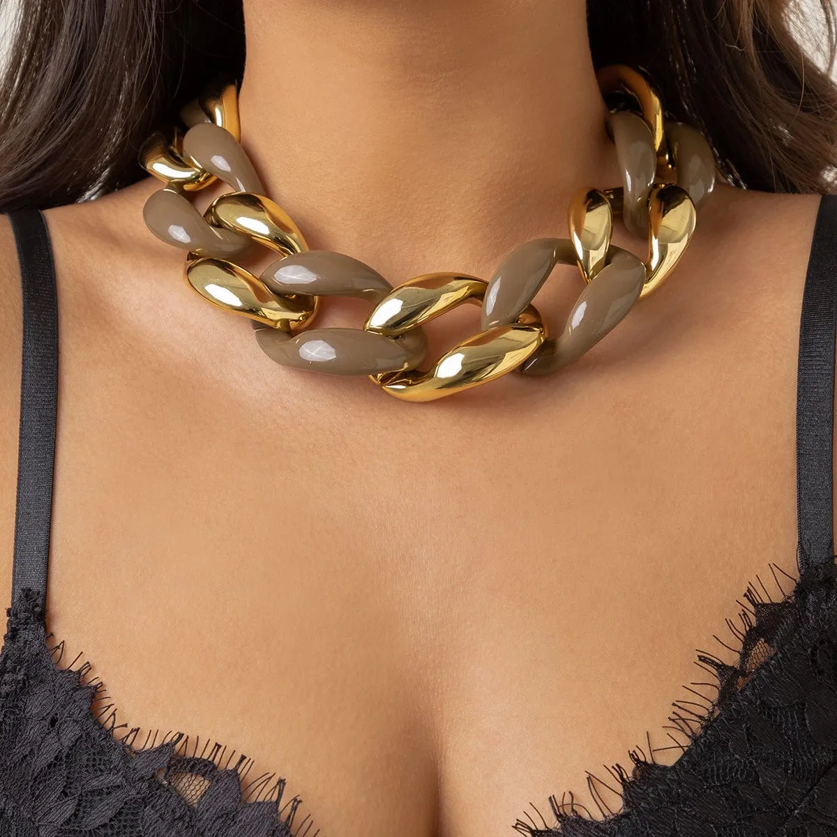 Geometric Chunky Two-tone Cuban Chain Necklace