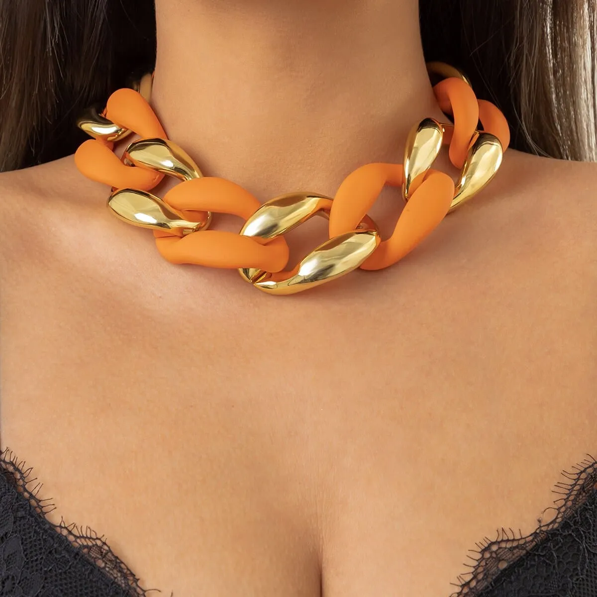 Geometric Chunky Two-tone Curb Chain Choker Necklace