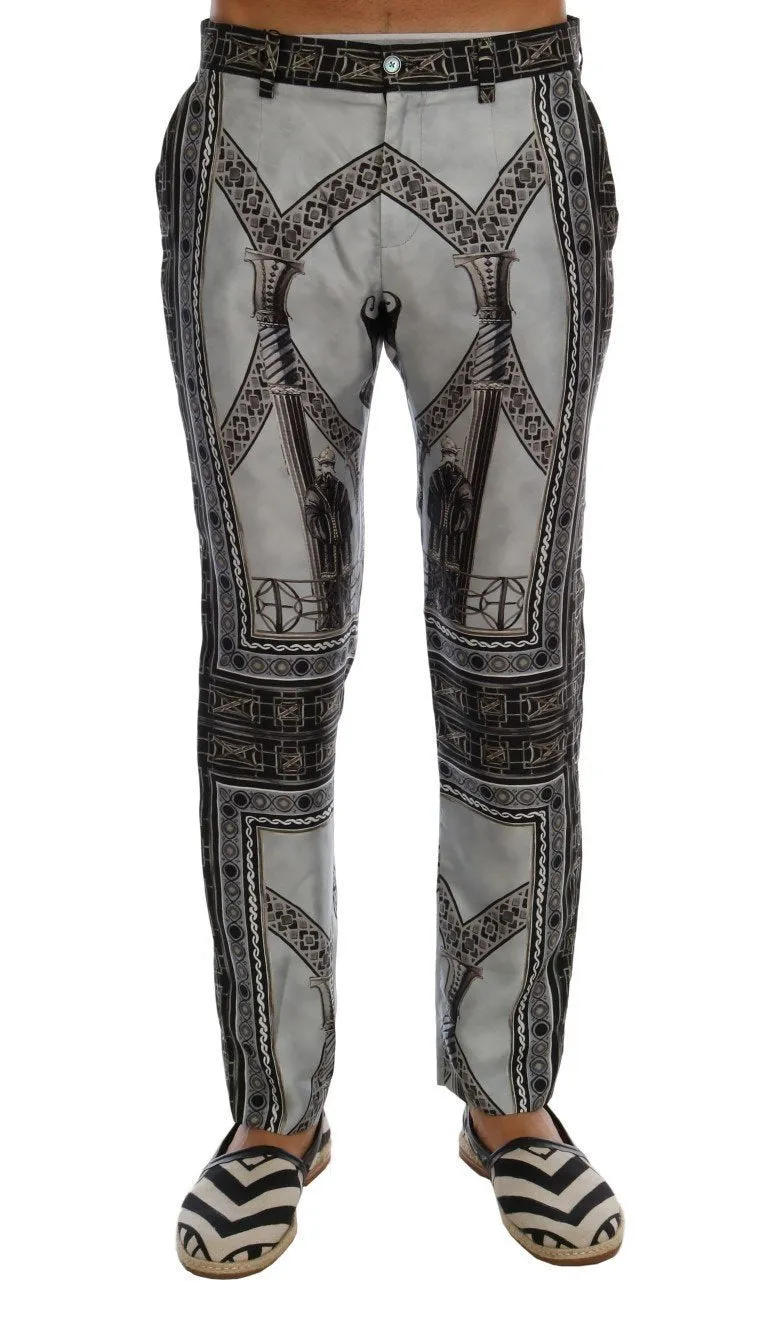 Gray 100% Silk Chinoiserie Print Pants
