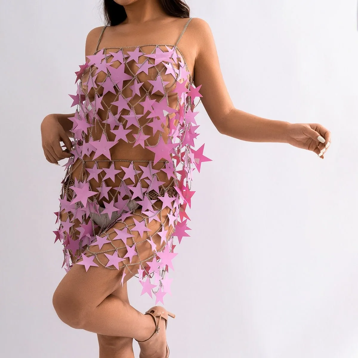 Handmade Squamous Hollow Pink Black Star Sequins Strappy Rave Party Skirt