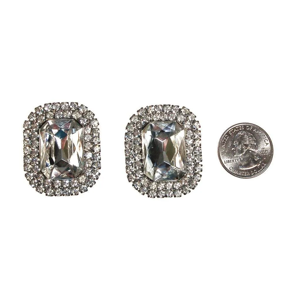 Huge Diamante Rhinestone Statement Earrings, Silver Tone, Clip On, Glam, Sparkly