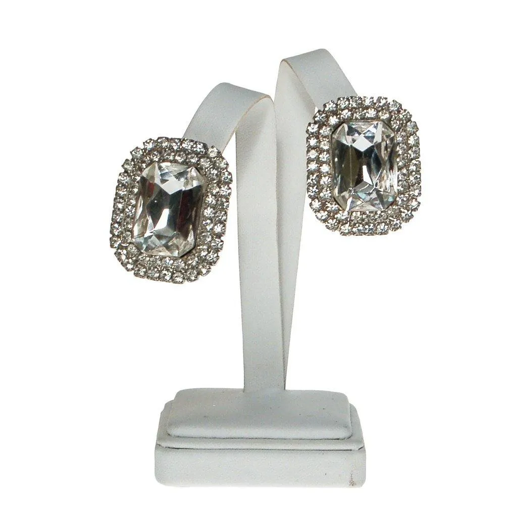 Huge Diamante Rhinestone Statement Earrings, Silver Tone, Clip On, Glam, Sparkly