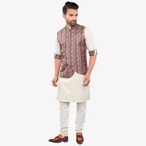Ivory  White Kurta with Brown Printed Jacket