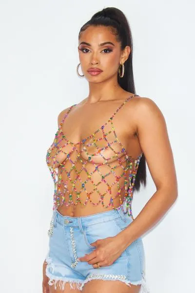 Jewel Net Crop Top - Multi -