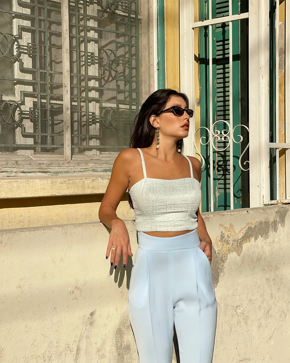 Light Blue and Silver Brocade Crop Top