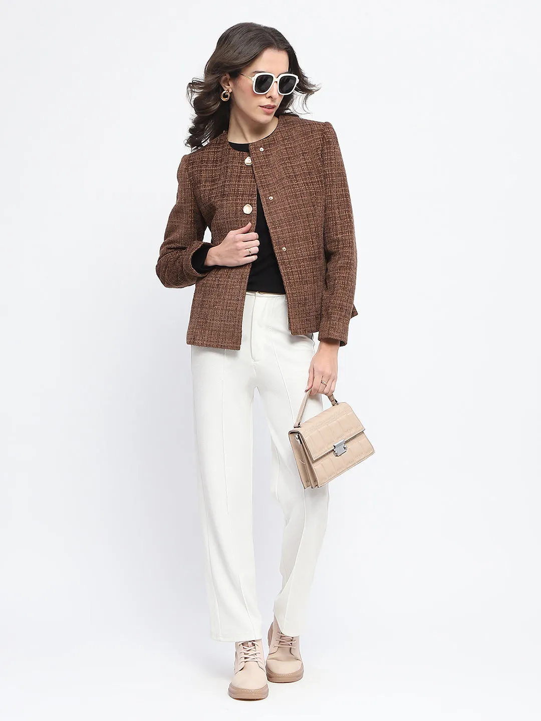 Madame Textured Buttoned Brown Short Coat