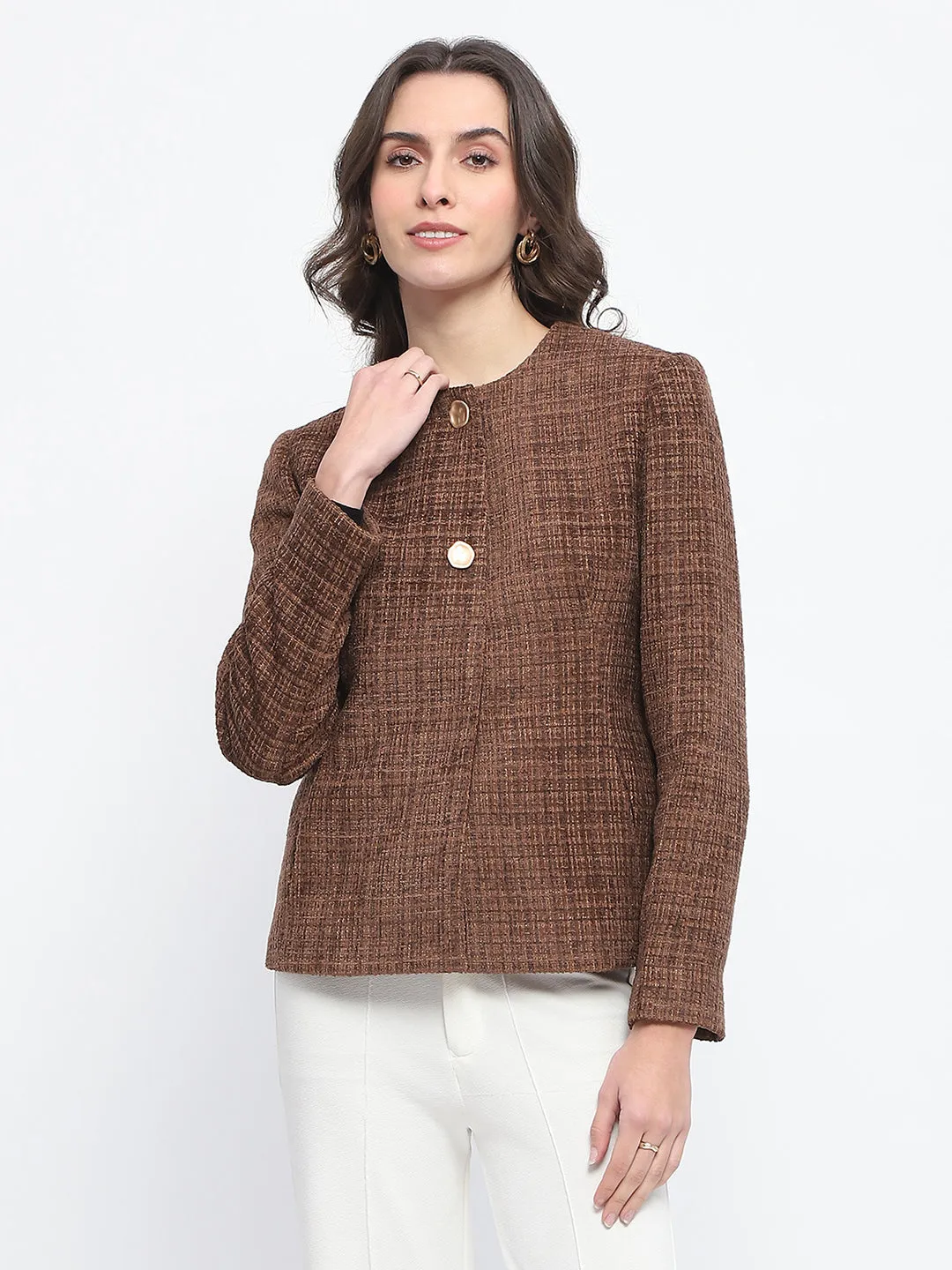 Madame Textured Buttoned Brown Short Coat